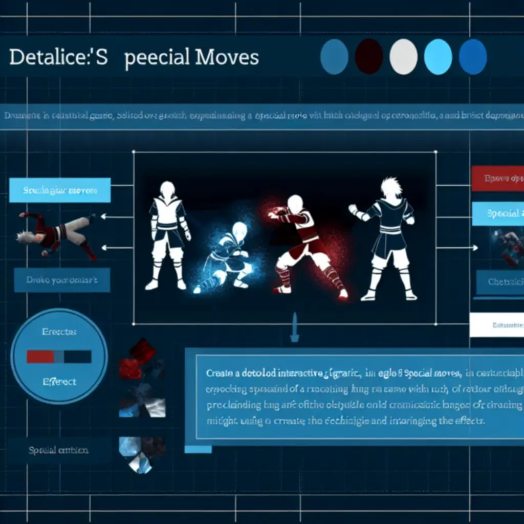 Infografika pokazująca ruchy specjalne bohaterów Shadow Fight Arena i ich efekty